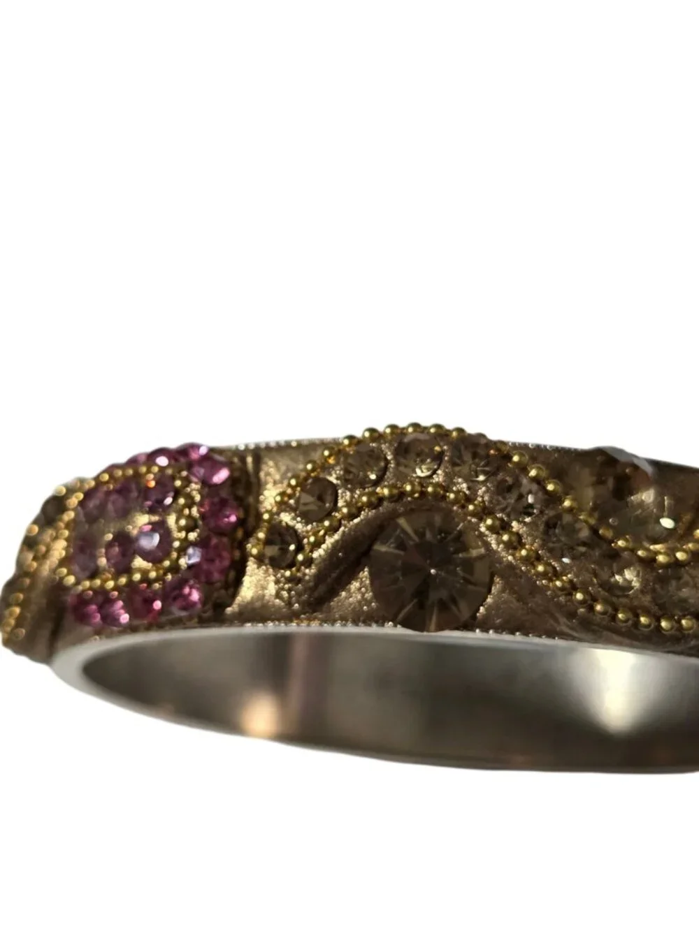 Vintage Bangle Pink Clear Rhinestones Gold Tone Victorian Revival Romantic Women